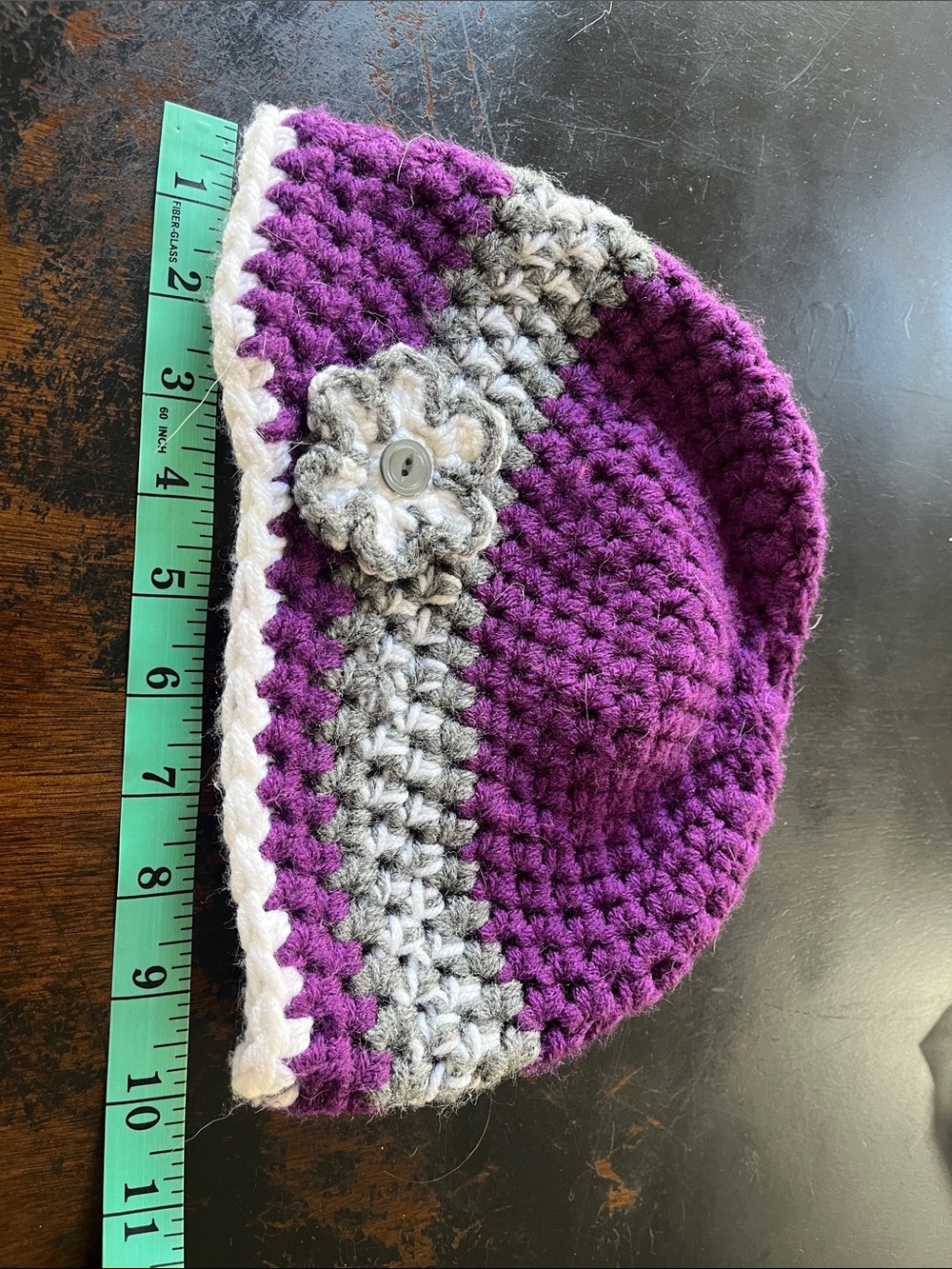 Handmade Purple Crochet Beanie with Grey Flower Accent - Women Accessories